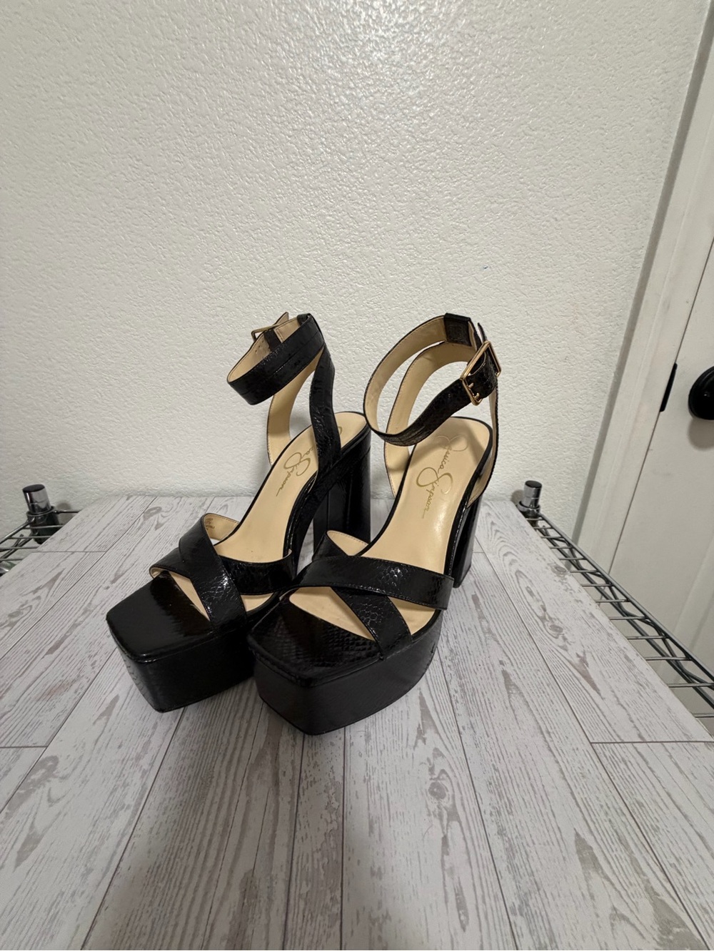 Jessica Simpson Black Patent Platform Ankle-Strap Heels